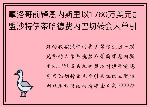 摩洛哥前锋恩内斯里以1760万美元加盟沙特伊蒂哈德费内巴切转会大单引关注 摩洛哥前锋恩内斯里以1760万美元加盟沙特伊蒂哈德费内巴切转会大单引关注