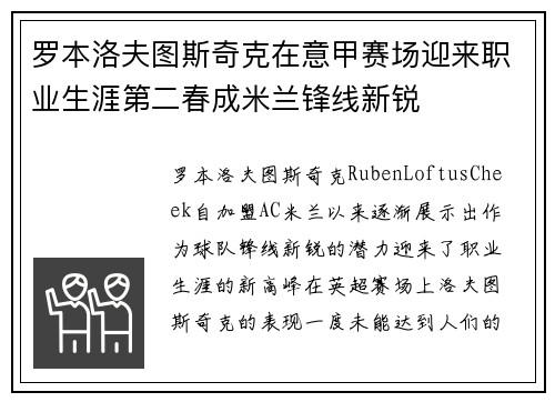 罗本洛夫图斯奇克在意甲赛场迎来职业生涯第二春成米兰锋线新锐 罗本洛夫图斯奇克在意甲赛场迎来职业生涯第二春成米兰锋线新锐