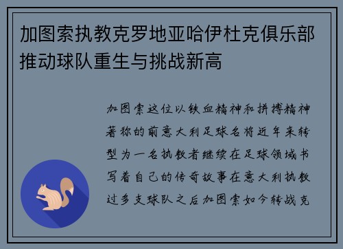 加图索执教克罗地亚哈伊杜克俱乐部推动球队重生与挑战新高 加图索执教克罗地亚哈伊杜克俱乐部推动球队重生与挑战新高