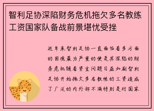 智利足协深陷财务危机拖欠多名教练工资国家队备战前景堪忧受挫